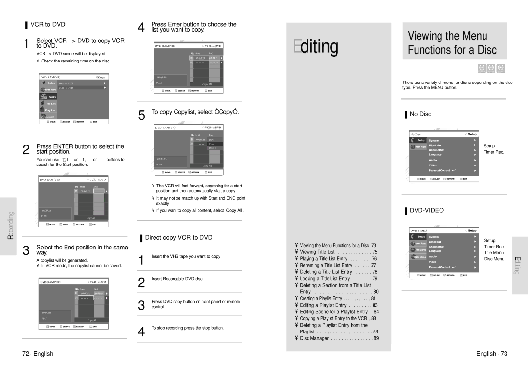 Toshiba D-VR3SU owner manual Viewing the Menu Functions for a Disc, No Disc, Direct copy VCR to DVD 