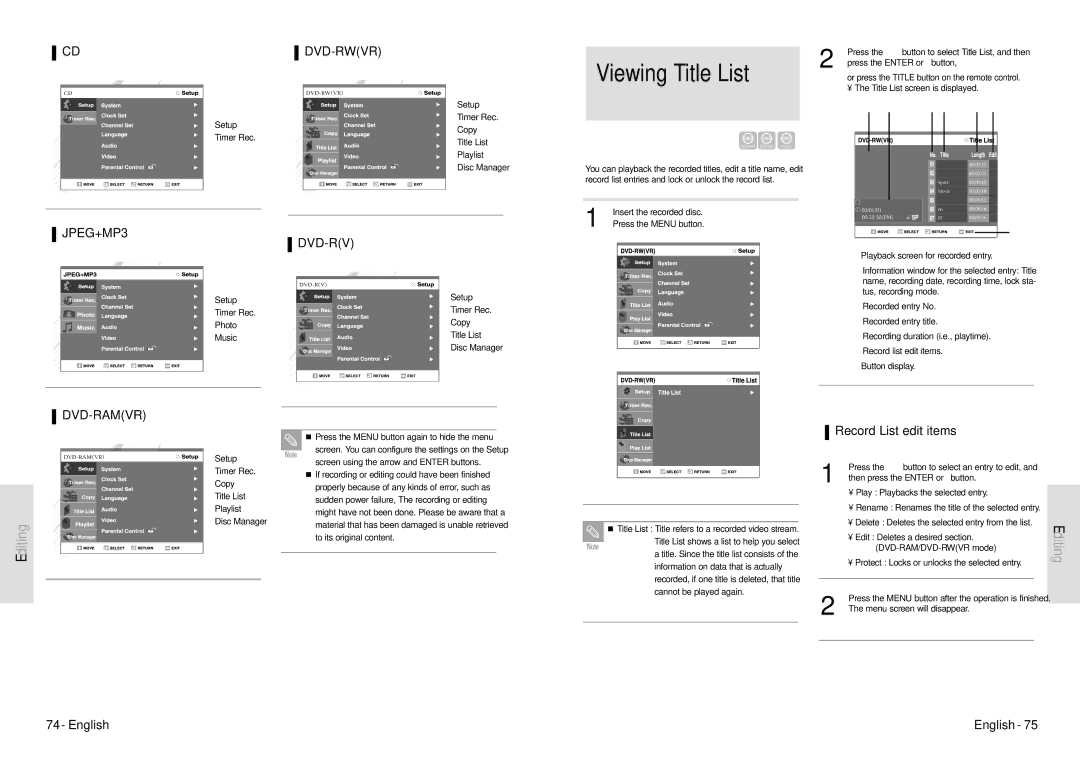 Toshiba D-VR3SU owner manual Viewing Title List, Dvd-Rwvr, JPEG+MP3 DVD-RV, Dvd-Ramvr, Record List edit items 