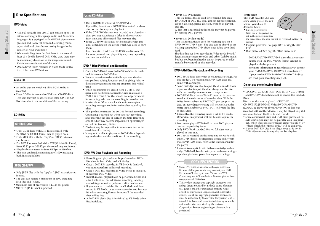 Toshiba D-VR3SU owner manual Disc Specifications, Protection, DVD-RW VR mode, DVD-RW Video mode 