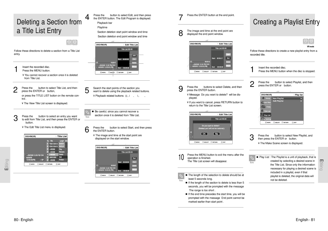 Toshiba D-VR3SU owner manual Deleting a Section from a Title List Entry, Trol 