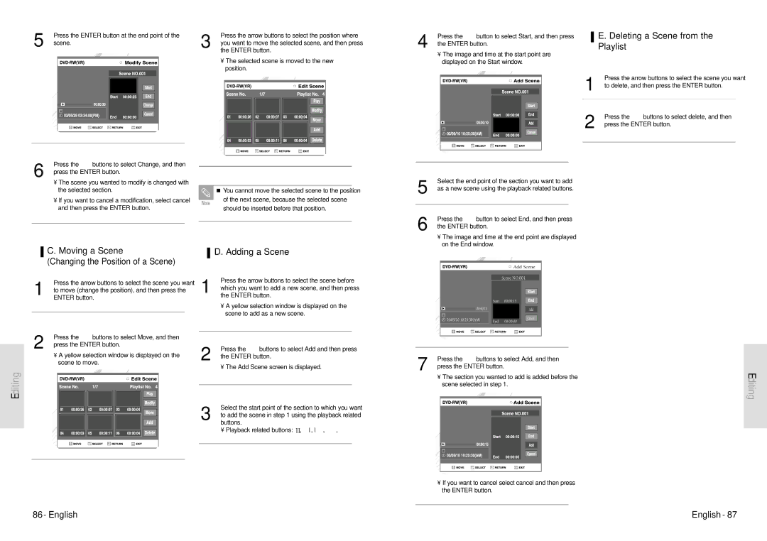 Toshiba D-VR3SU Deleting a Scene from Playlist, Moving a Scene Changing the Position of a Scene, Adding a Scene 