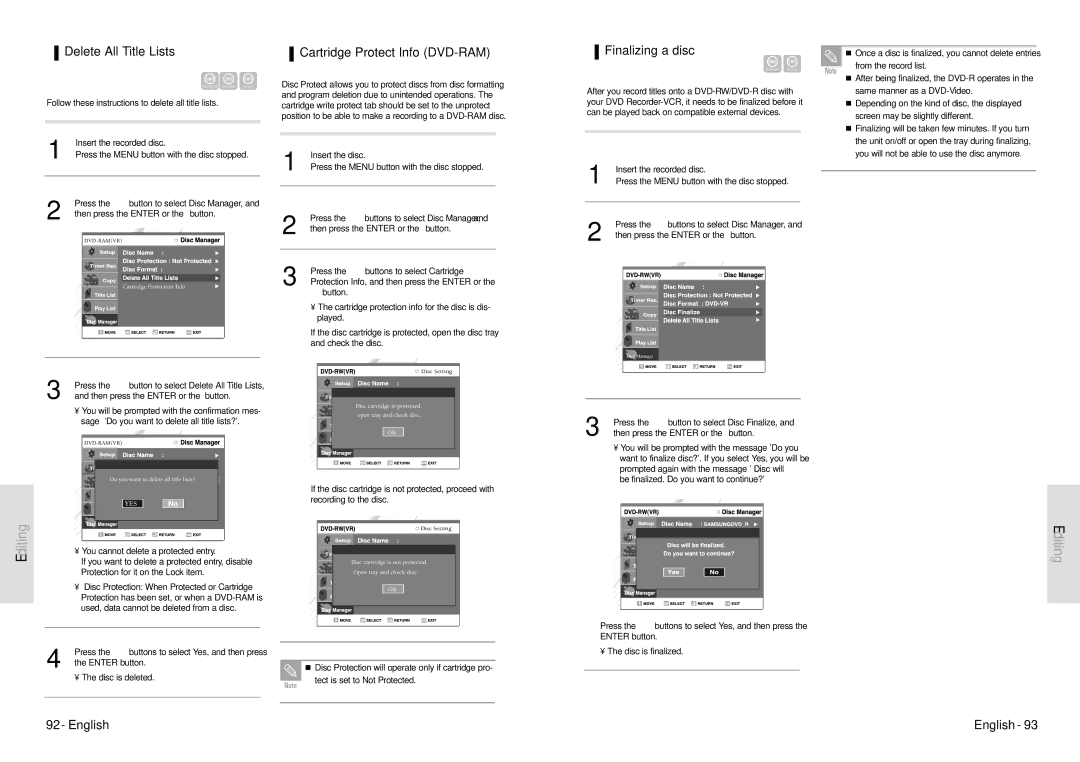 Toshiba D-VR3SU owner manual Delete All Title Lists, Finalizing a disc, You cannot delete a protected entry 