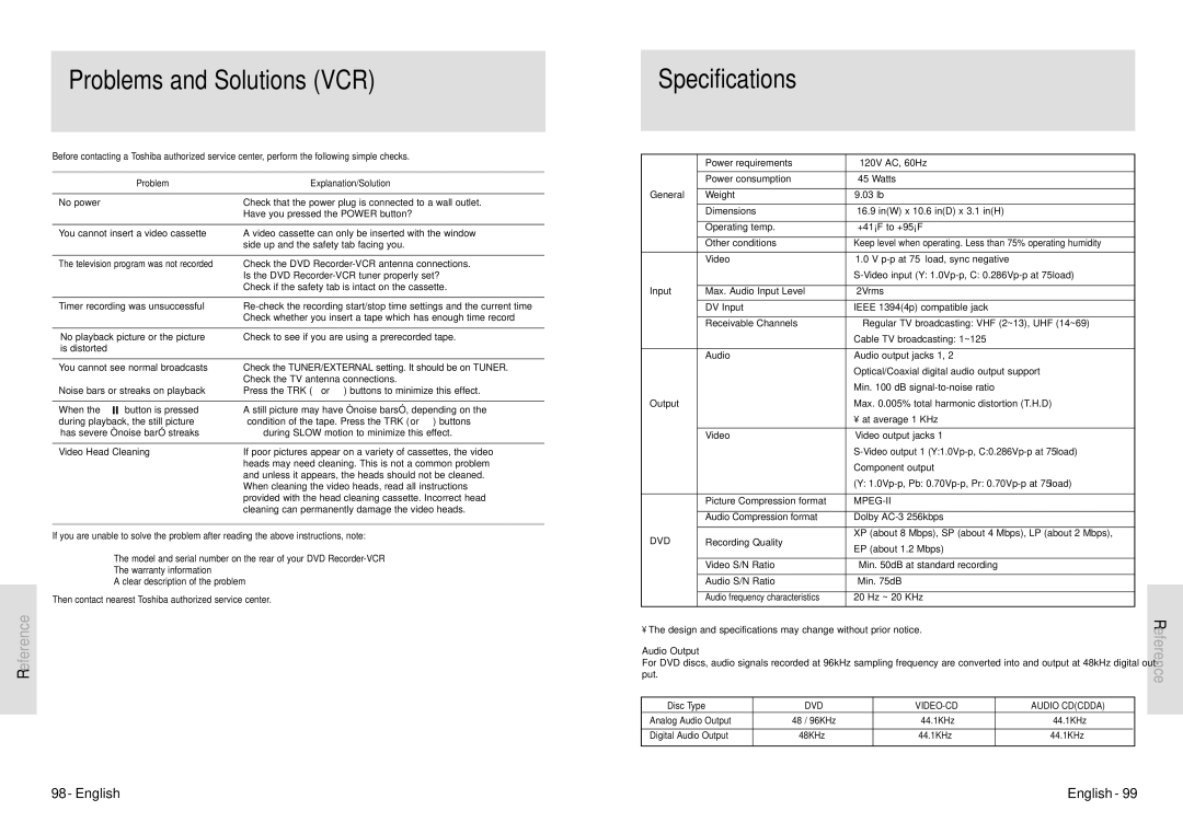 Toshiba D-VR3SU owner manual Problems and Solutions VCR, Specifications 