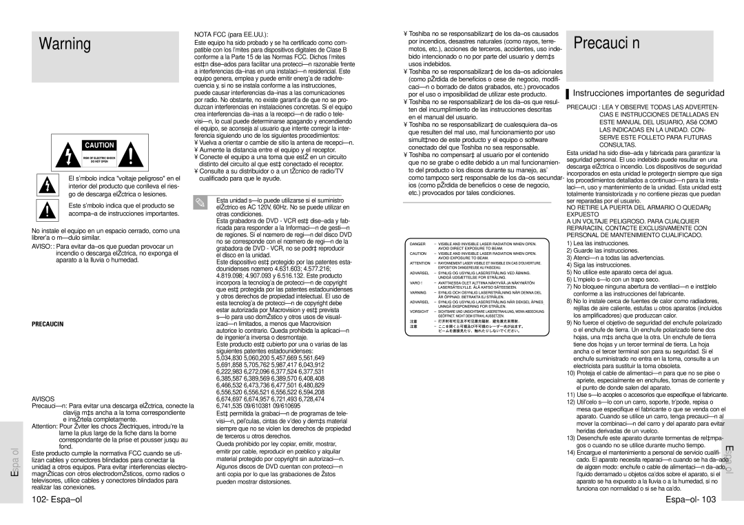 Toshiba D-VR3SU owner manual Precaución, Instrucciones importantes de seguridad, Español, Nota FCC para EE.UU 