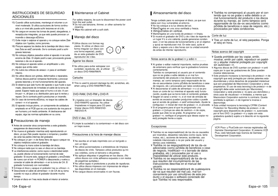 Toshiba D-VR3SU owner manual Español, Instrucciones DE Seguridad Adicionales, Precauciones de manejo, Manejo del disco 