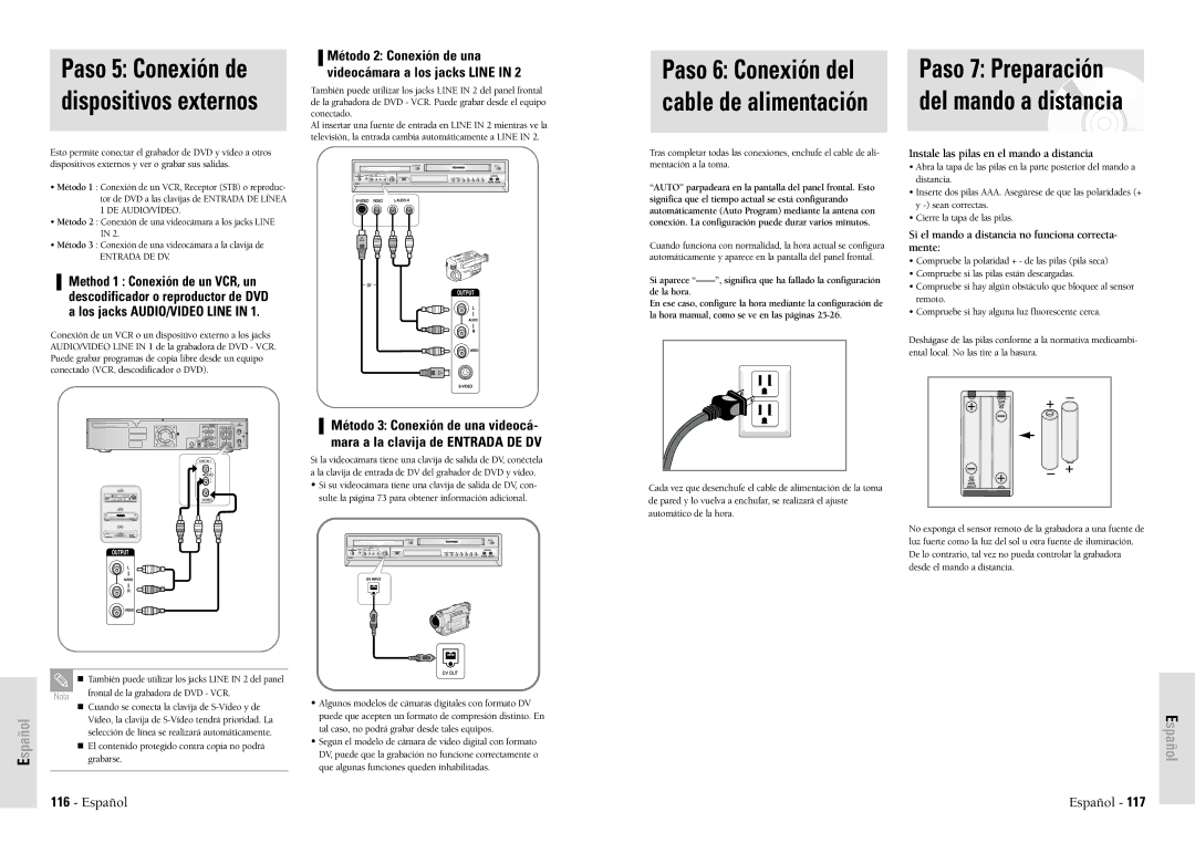 Toshiba D-VR3SU owner manual Paso 5 Conexión de dispositivos externos, Paso 6 Conexión del cable de alimentación 