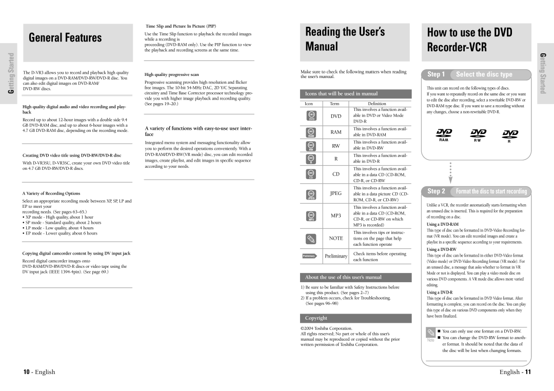 Toshiba D-VR3SU owner manual General Features, Reading the User’s Manual, How to use the DVD Recorder-VCR 