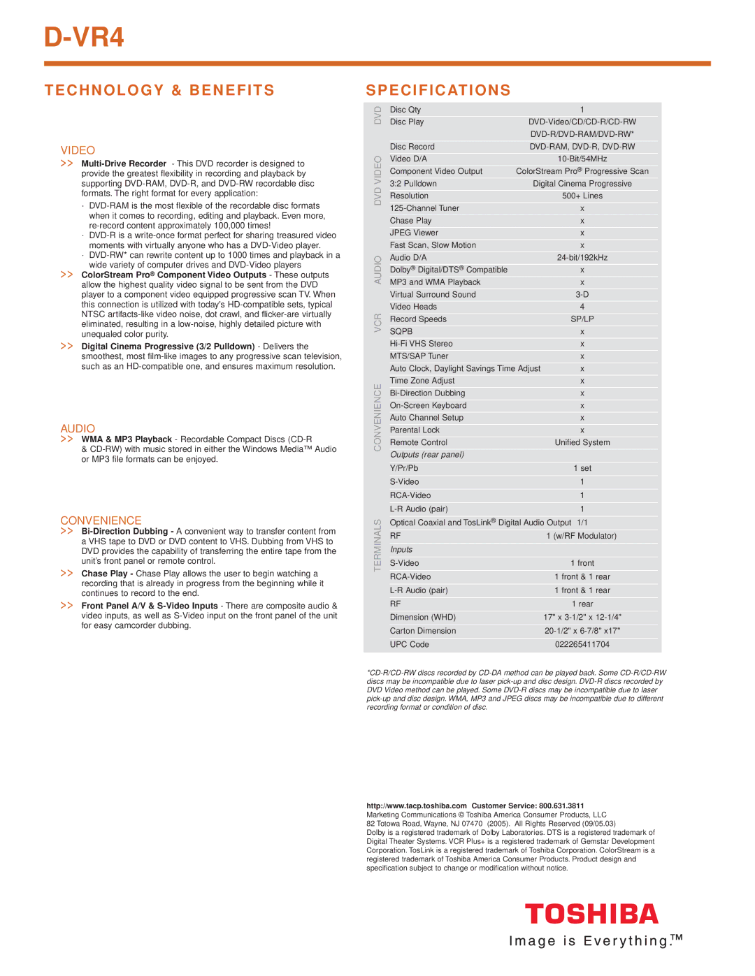 Toshiba D-VR4 manual E C I F I C At I O N S, Video, Audio, Convenience 