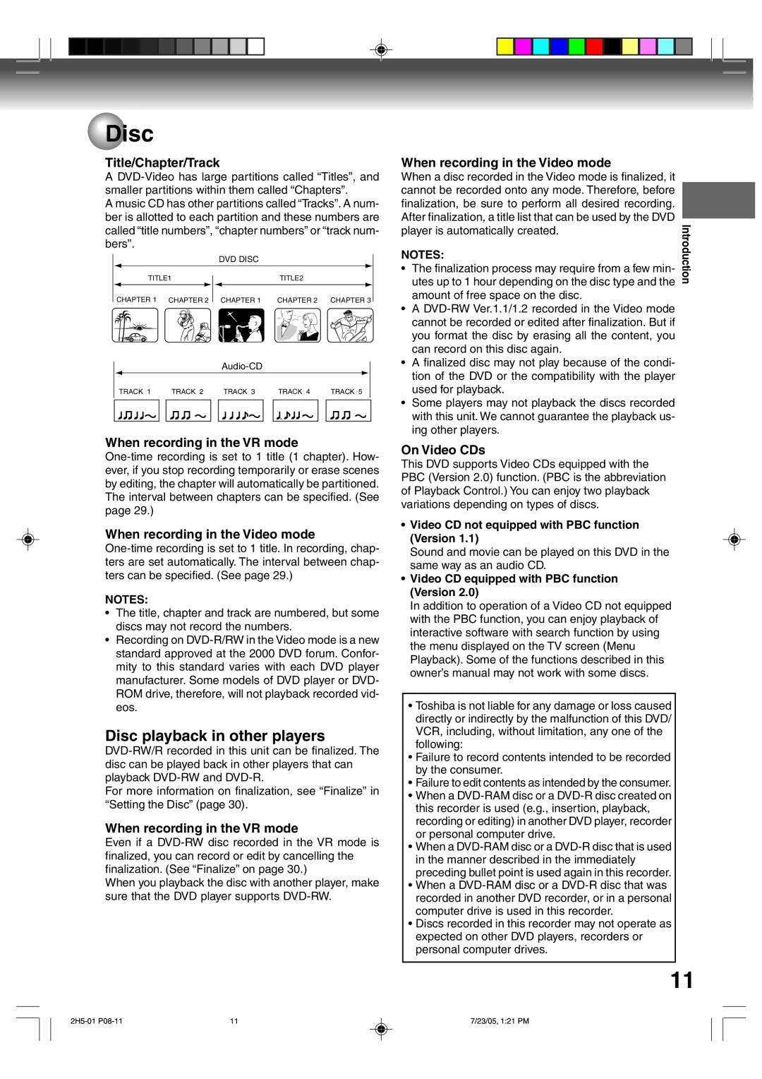 Toshiba D-VR4XSU Disc playback in other players, Title/Chapter/Track, When recording in the VR mode, On Video CDs 