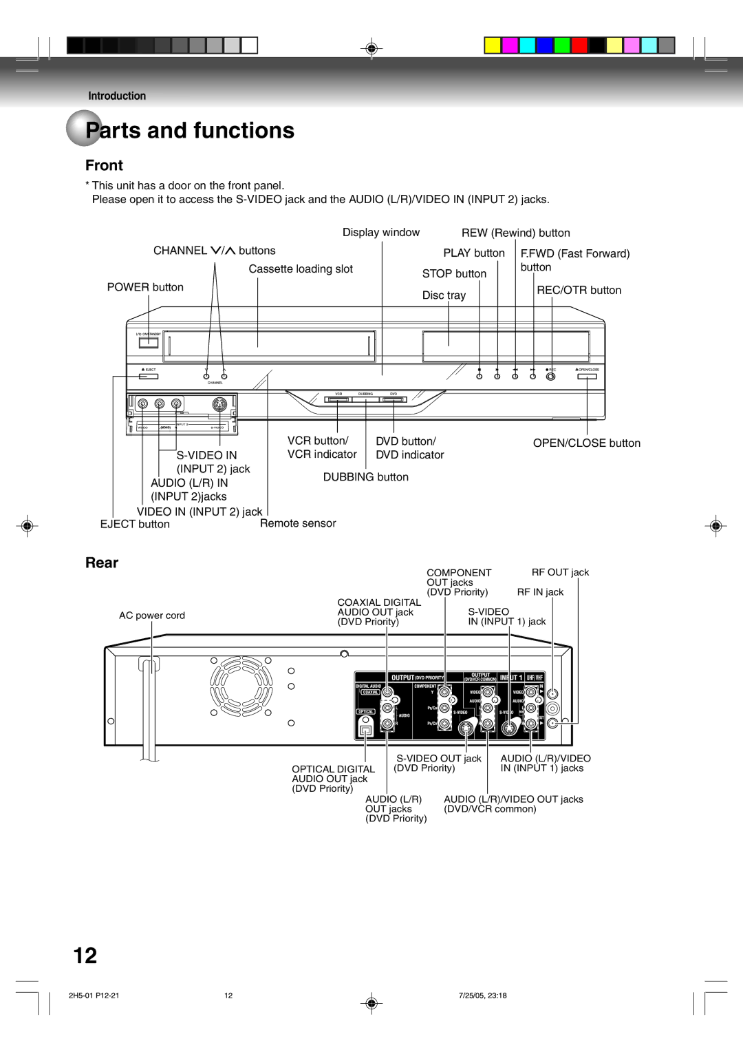 Toshiba D-VR4XSU owner manual Parts and functions, Front, Rear, VCR indicator DVD indicator Input 2 jack Dubbing button 