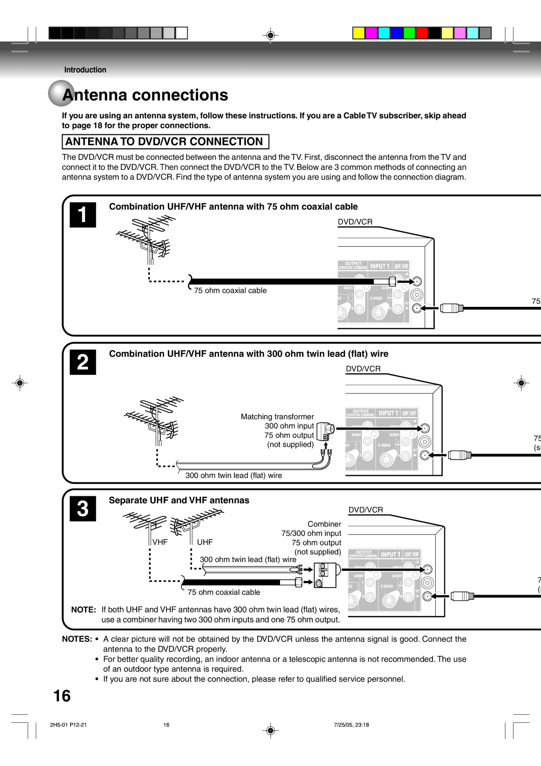 Toshiba D-VR4XSU Antenna connections, Combination UHF/VHF antenna with 75 ohm coaxial cable, Separate UHF and VHF antennas 