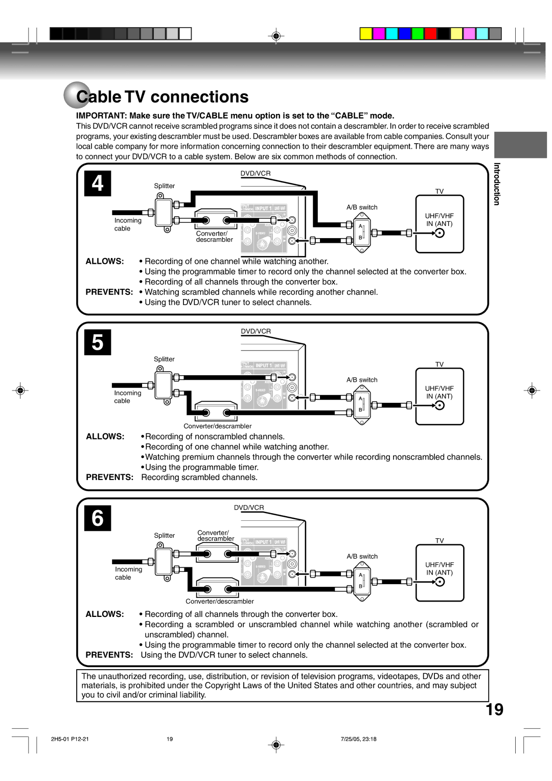 Toshiba D-VR4XSU owner manual Recording of nonscrambled channels, Recording of one channel while watching another 