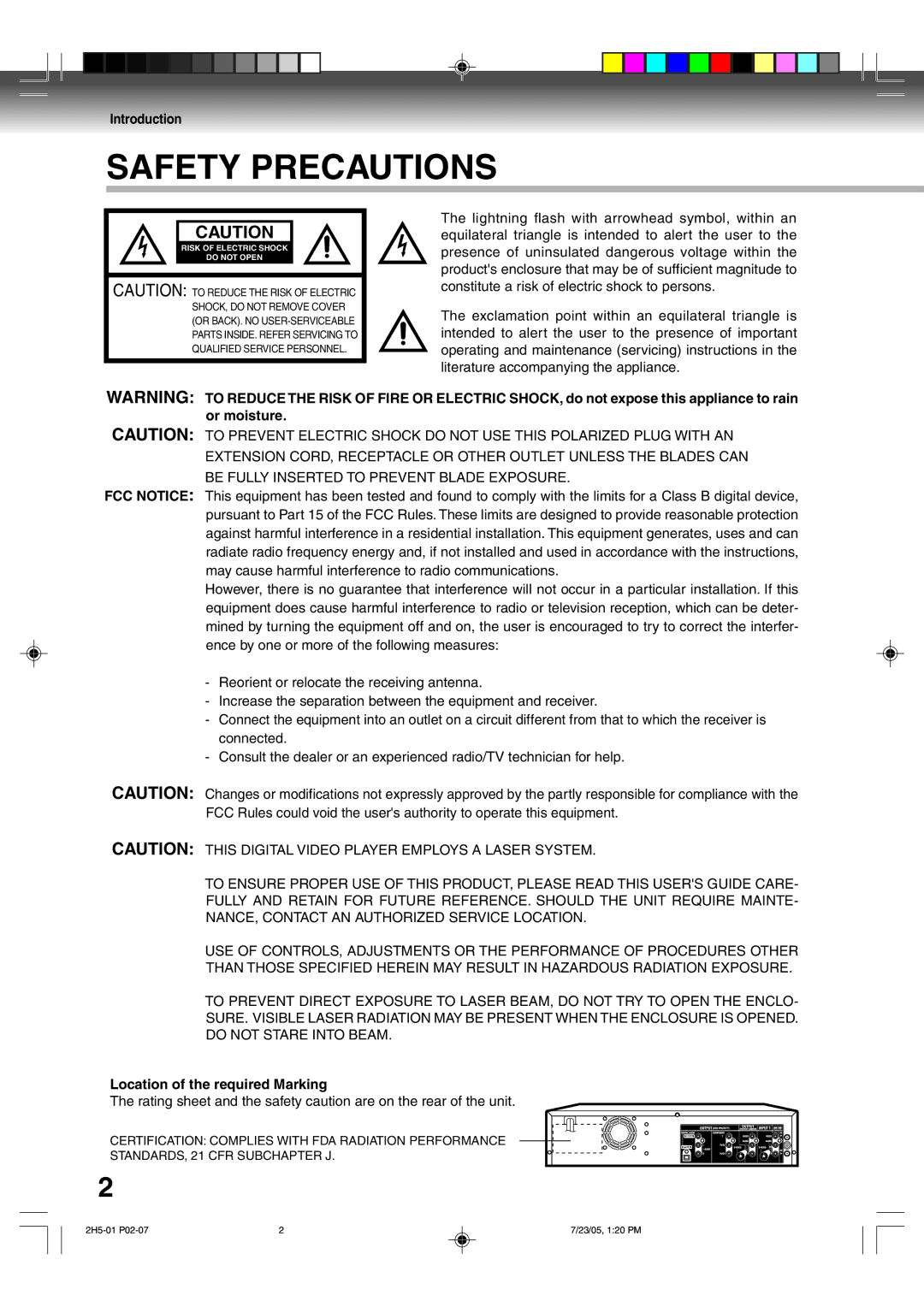 Toshiba D-VR4XSU owner manual Introduction, Location of the required Marking 