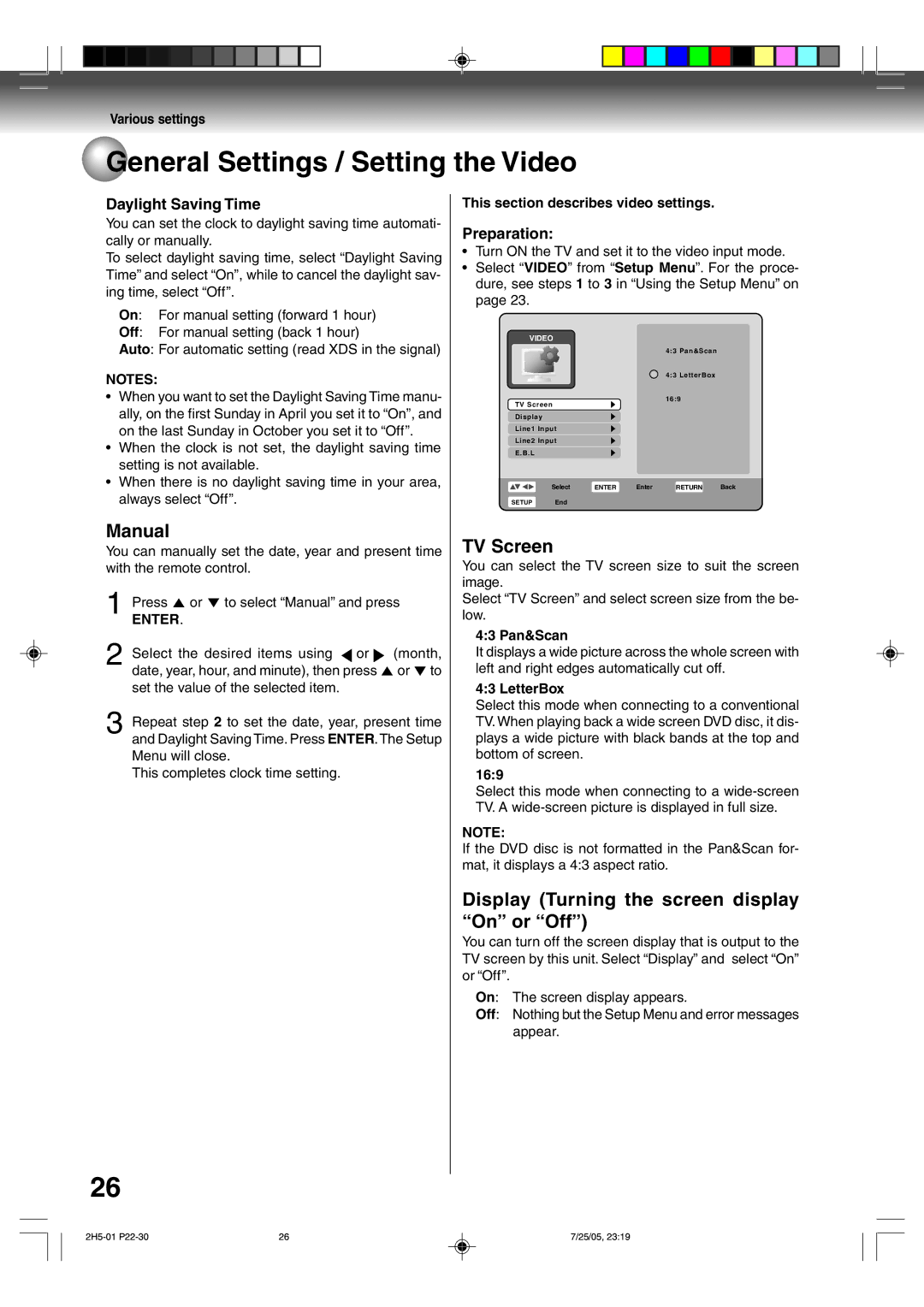 Toshiba D-VR4XSU General Settings / Setting the Video, Manual, TV Screen, Display Turning the screen display On or Off 