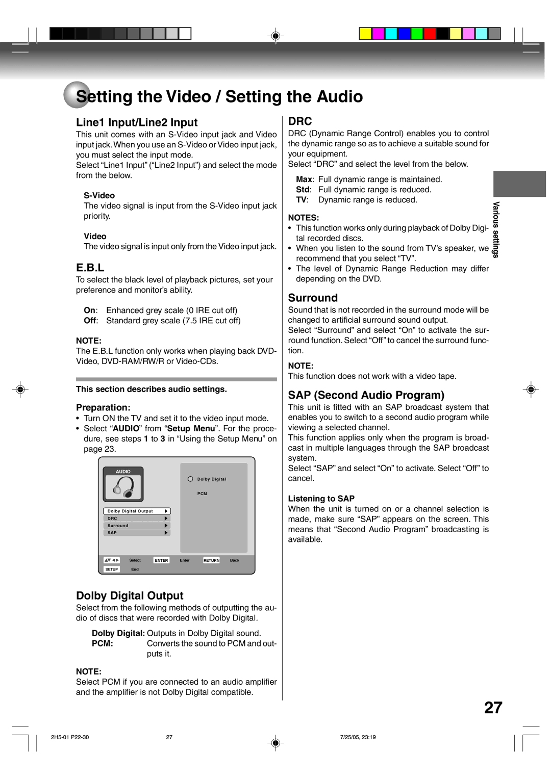 Toshiba D-VR4XSU Setting the Video / Setting the Audio, Line1 Input/Line2 Input, Dolby Digital Output, Surround 