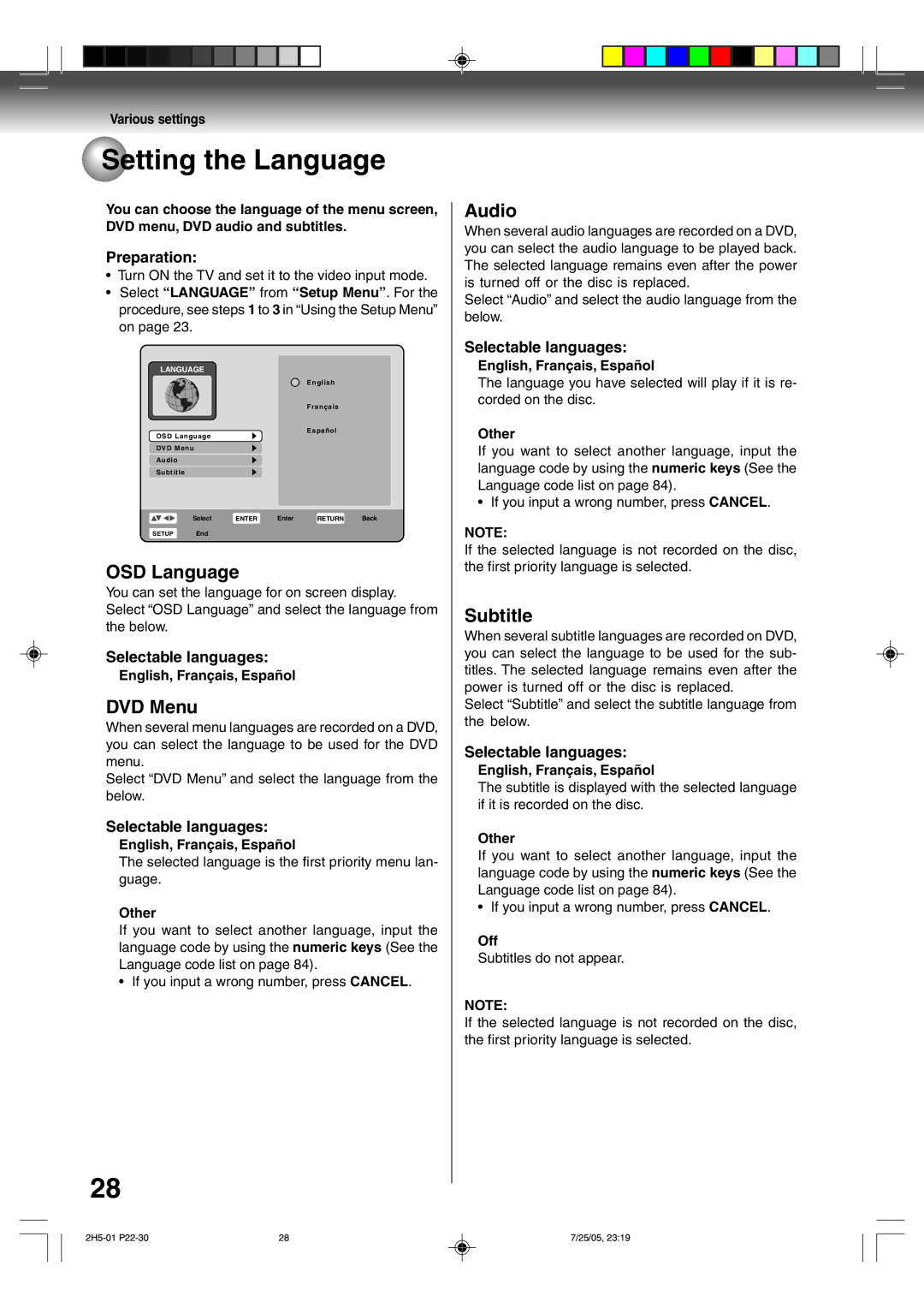 Toshiba D-VR4XSU owner manual Setting the Language, OSD Language, DVD Menu, Audio, Subtitle 