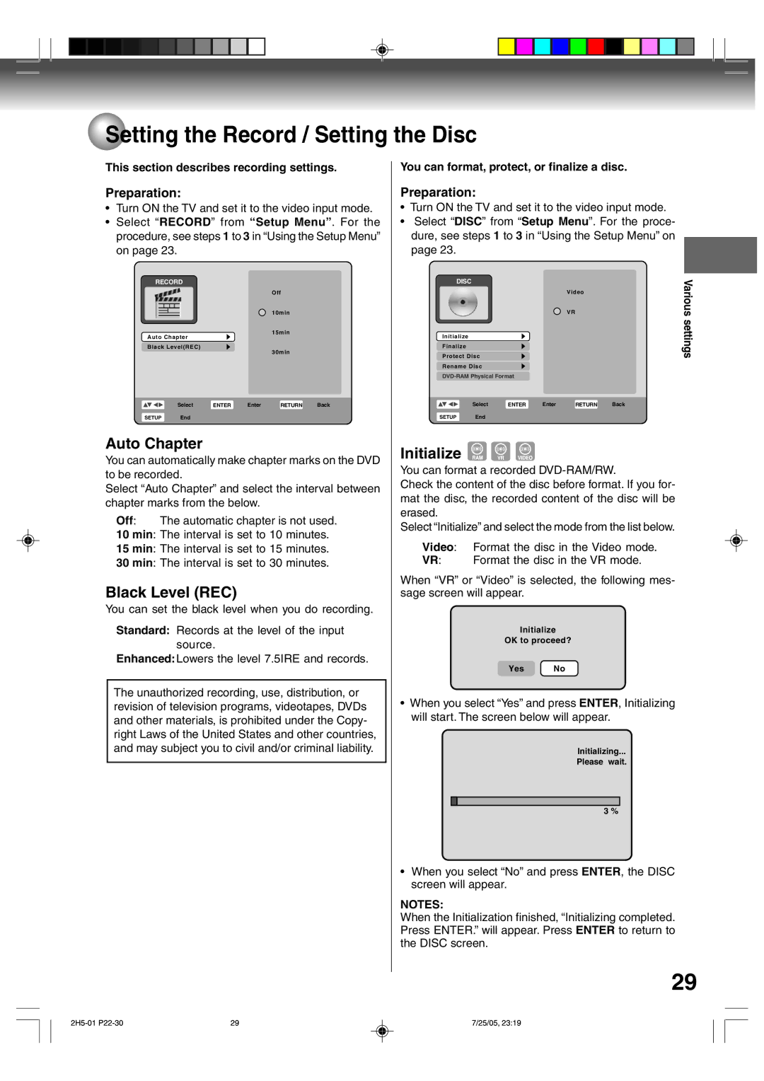 Toshiba D-VR4XSU owner manual Setting the Record / Setting the Disc, Auto Chapter, Black Level REC, Initialize 