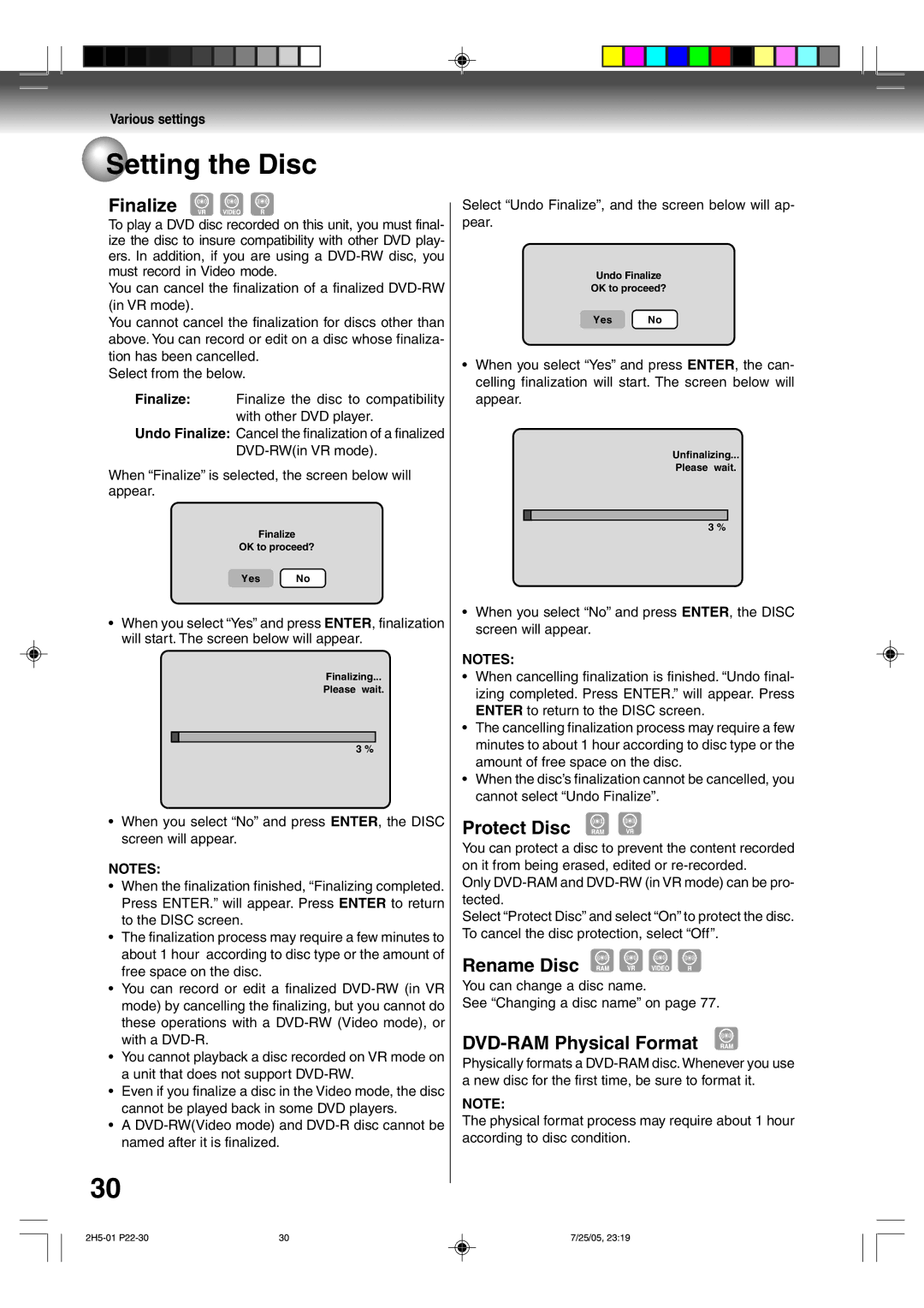 Toshiba D-VR4XSU owner manual Setting the Disc, Finalize, Protect Disc, Rename Disc, DVD-RAM Physical Format 