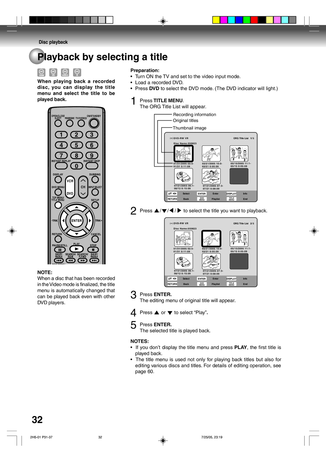 Toshiba D-VR4XSU owner manual Playback by selecting a title, Press Title Menu, ORG Title List will appear 