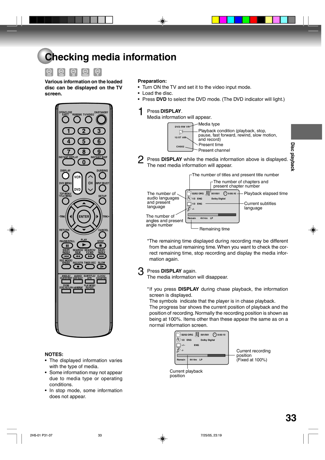 Toshiba D-VR4XSU owner manual Checking media information, Next media information will appear 