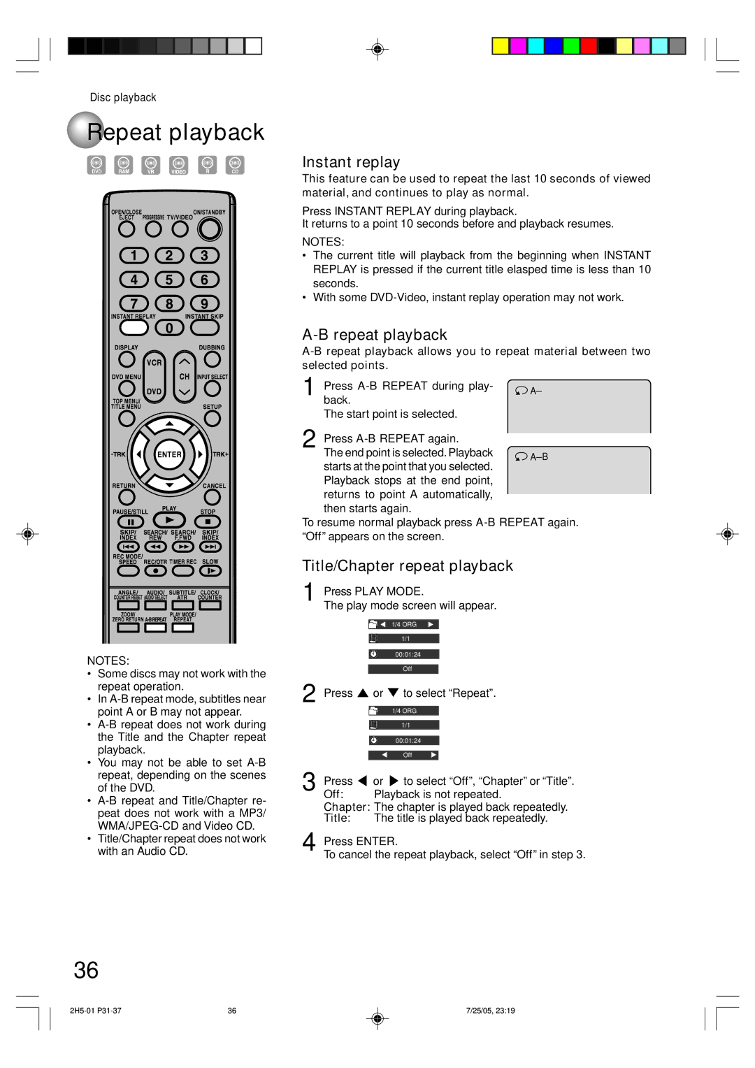 Toshiba D-VR4XSU owner manual Repeat playback, Instant replay, Title/Chapter repeat playback 