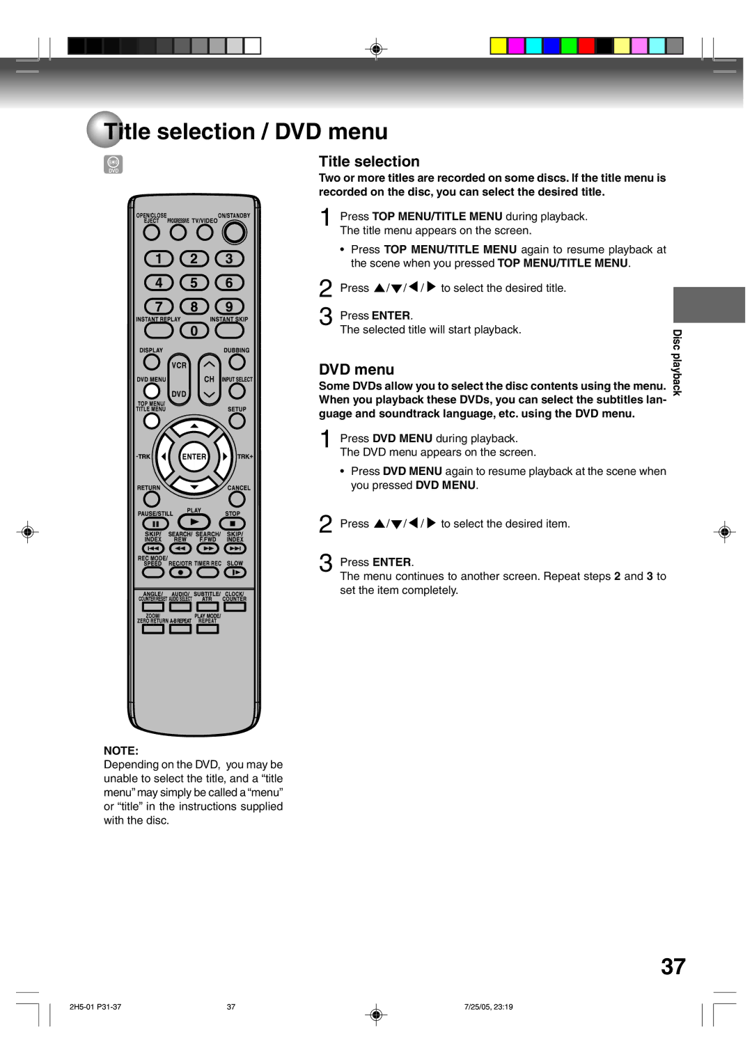 Toshiba D-VR4XSU owner manual Title selection / DVD menu 