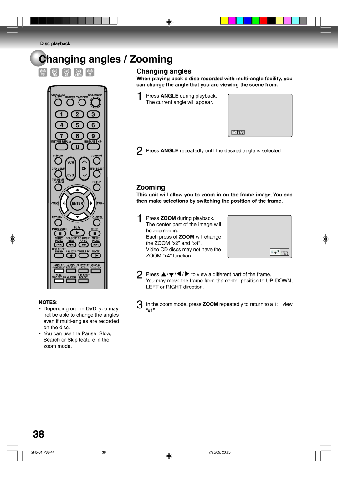 Toshiba D-VR4XSU owner manual Changing angles / Zooming 