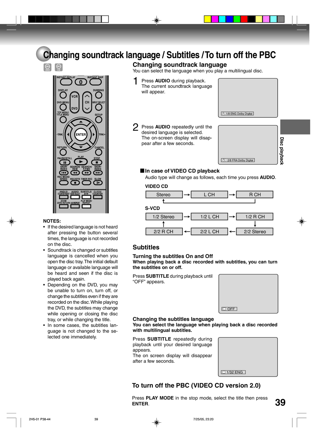 Toshiba D-VR4XSU owner manual Changing soundtrack language, Subtitles, To turn off the PBC Video CD version 