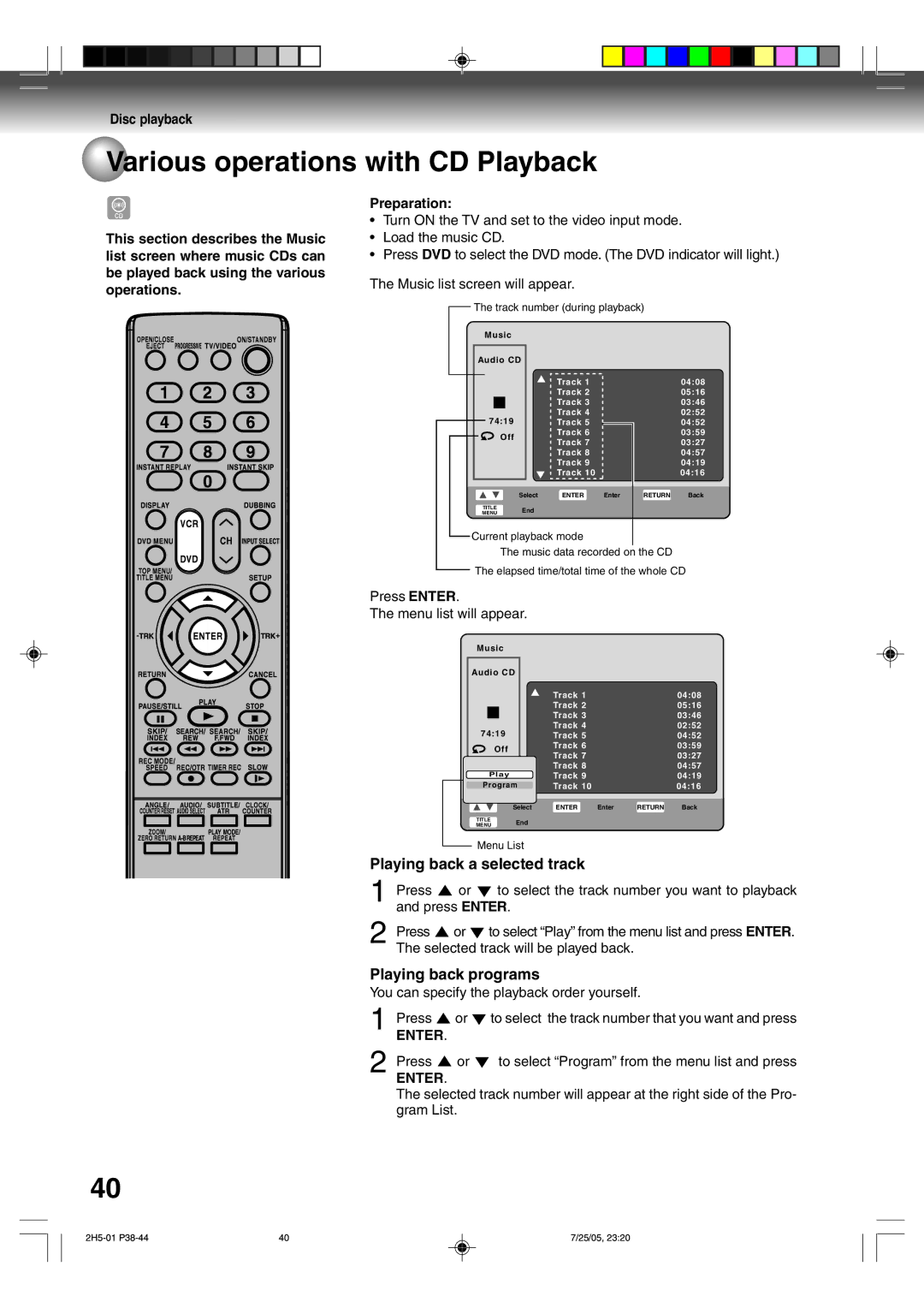 Toshiba D-VR4XSU owner manual Various operations with CD Playback, Playing back a selected track, Playing back programs 