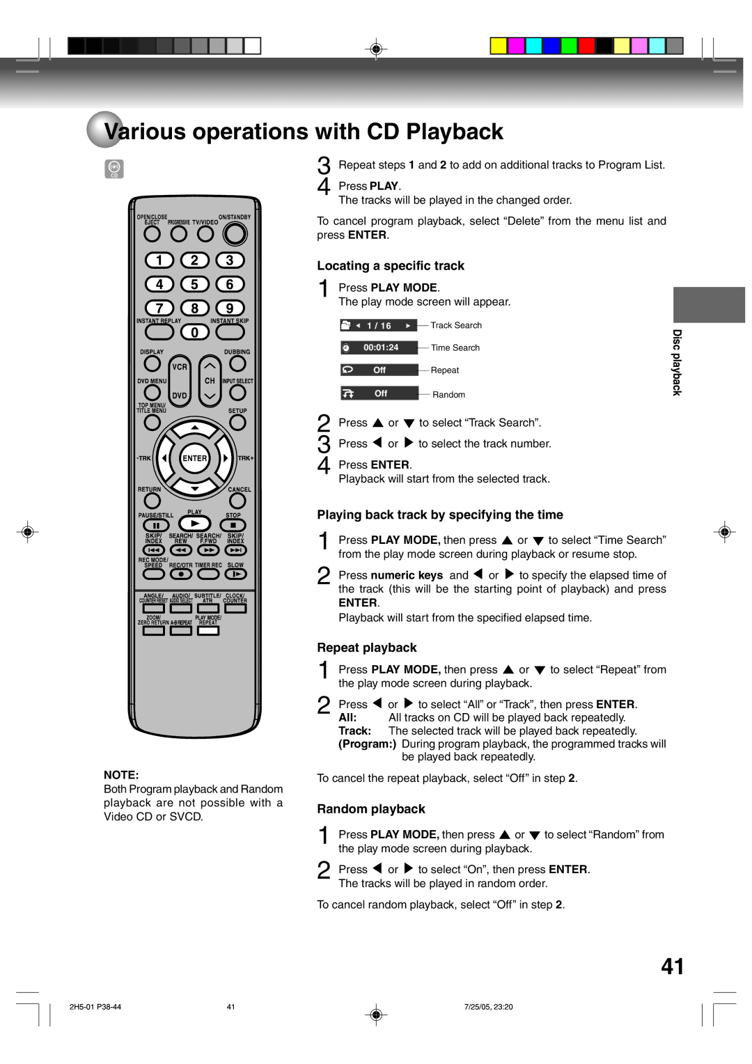 Toshiba D-VR4XSU Locating a specific track, Playing back track by specifying the time, Repeat playback, Random playback 