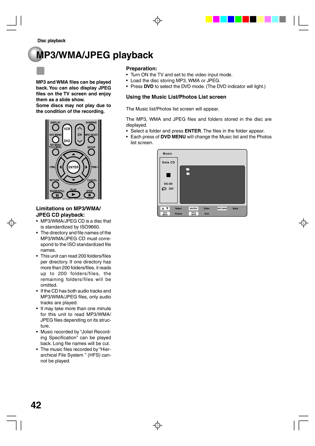 Toshiba D-VR4XSU owner manual MP3/WMA/JPEG playback, Limitations on MP3/WMA/ Jpeg CD playback Preparation 