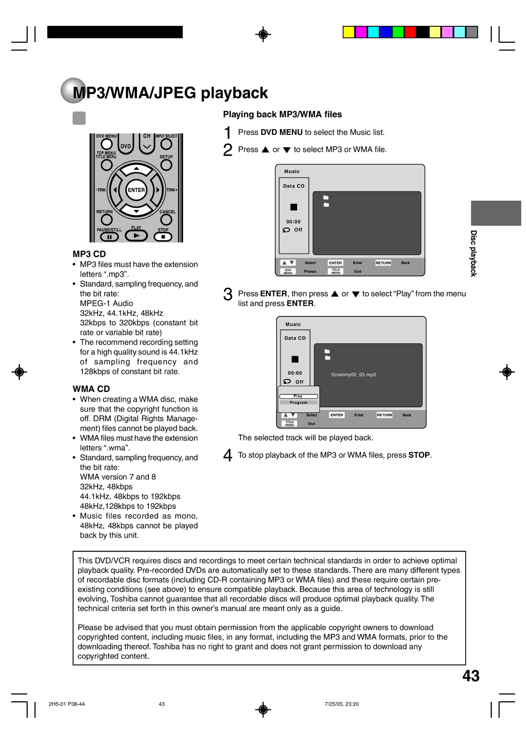 Toshiba D-VR4XSU owner manual Playing back MP3/WMA files 