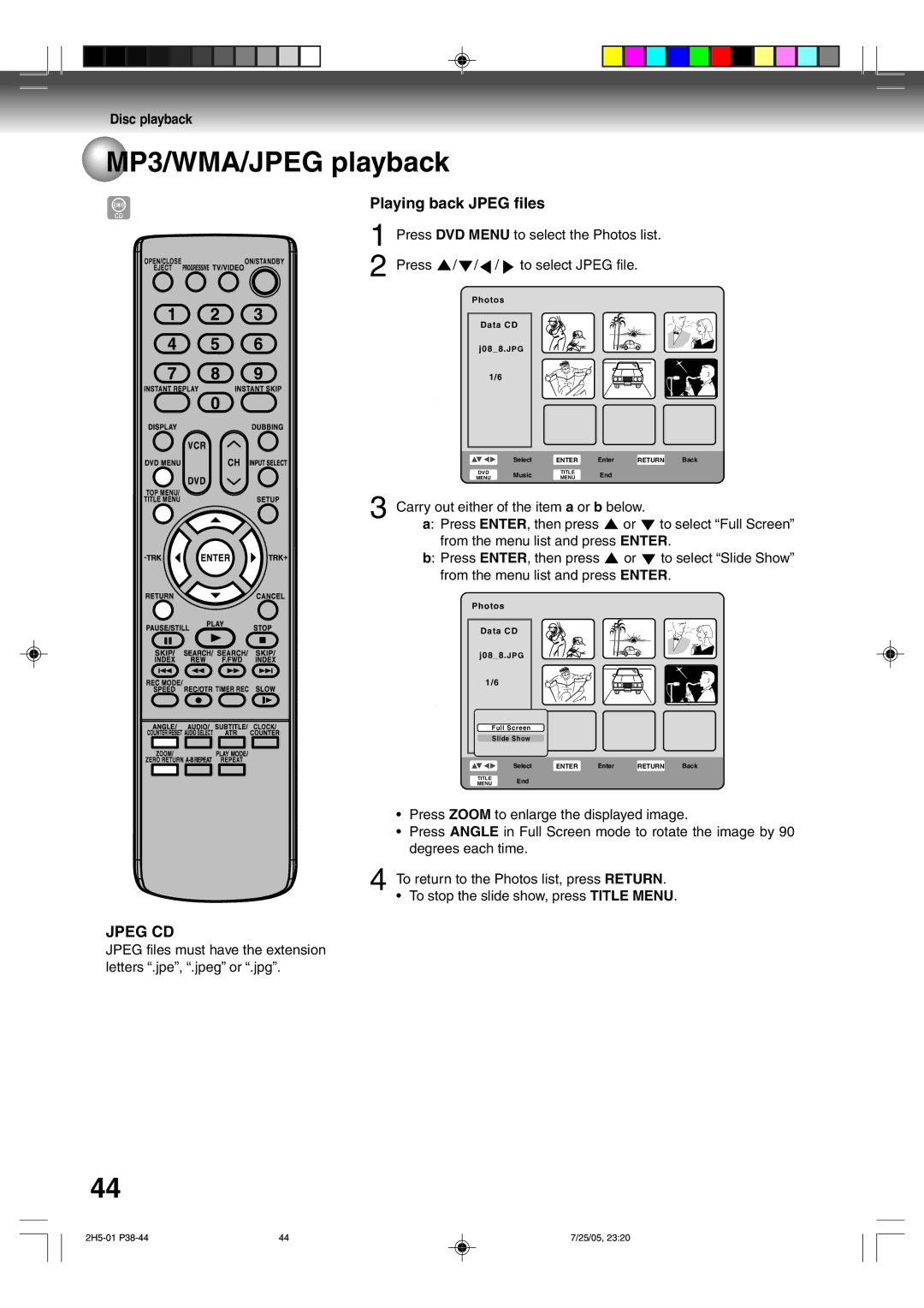 Toshiba D-VR4XSU owner manual Playing back Jpeg files, Press DVD Menu to select the Photos list 