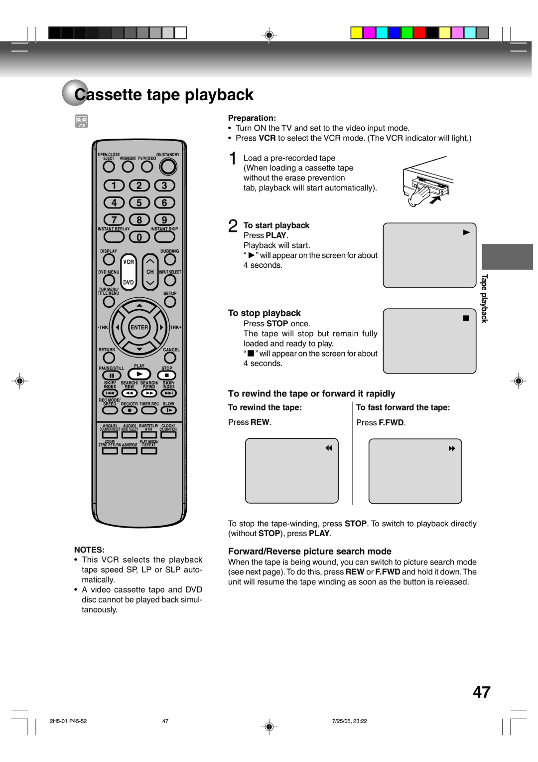 Toshiba D-VR4XSU Cassette tape playback, To stop playback, To rewind the tape or forward it rapidly, To start playback 