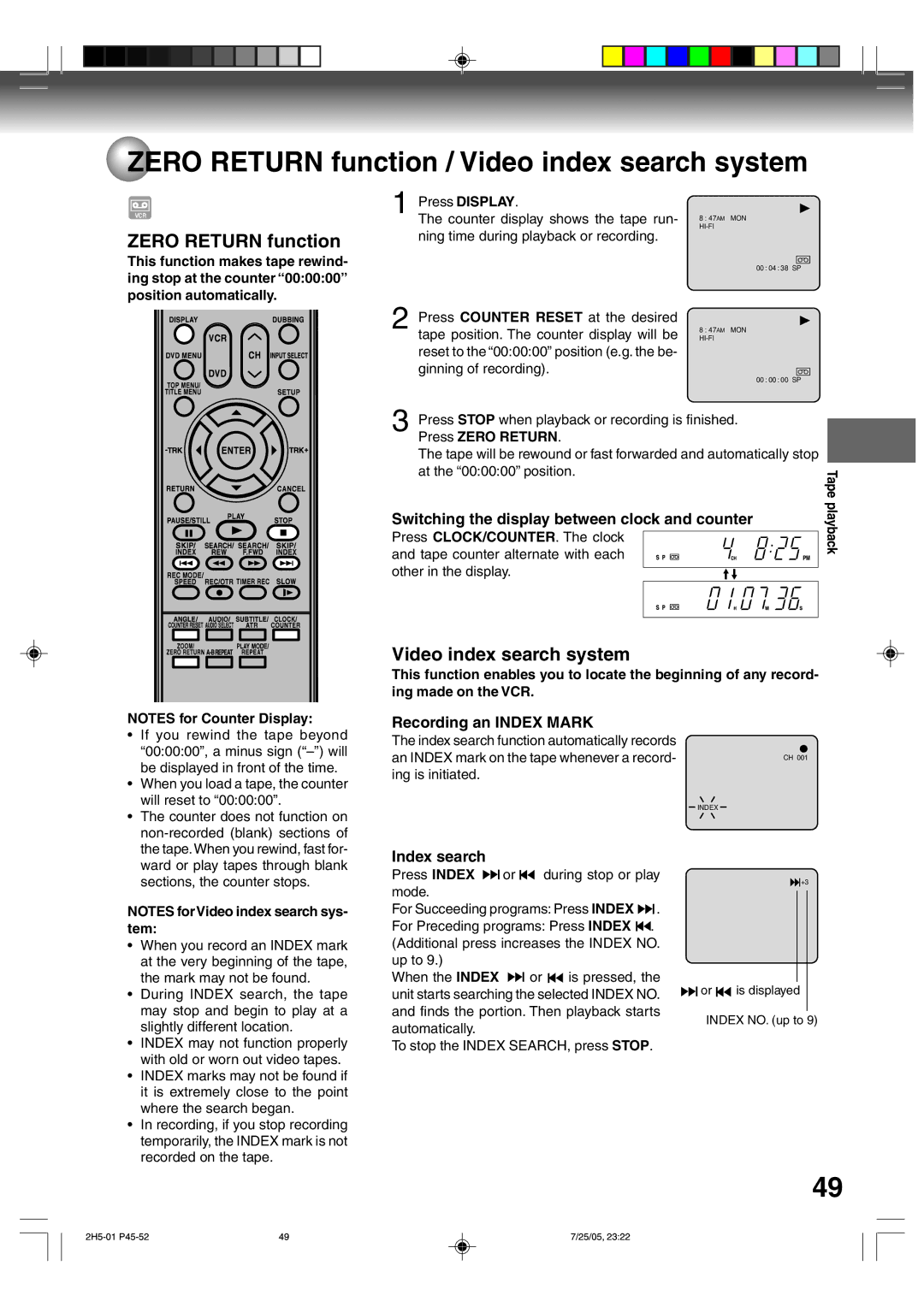 Toshiba D-VR4XSU owner manual Zero Return function / Video index search system 