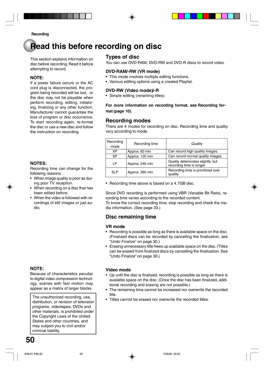 Toshiba D-VR4XSU owner manual Read this before recording on disc, Types of disc, Recording modes, Disc remaining time 