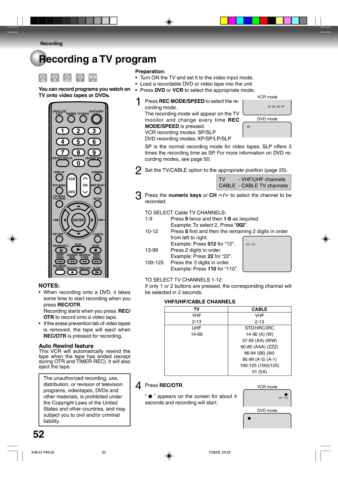 Toshiba D-VR4XSU owner manual Recording a TV program, Auto Rewind feature, MODE/SPEED is pressed, VHF/UHF/CABLE Channels 