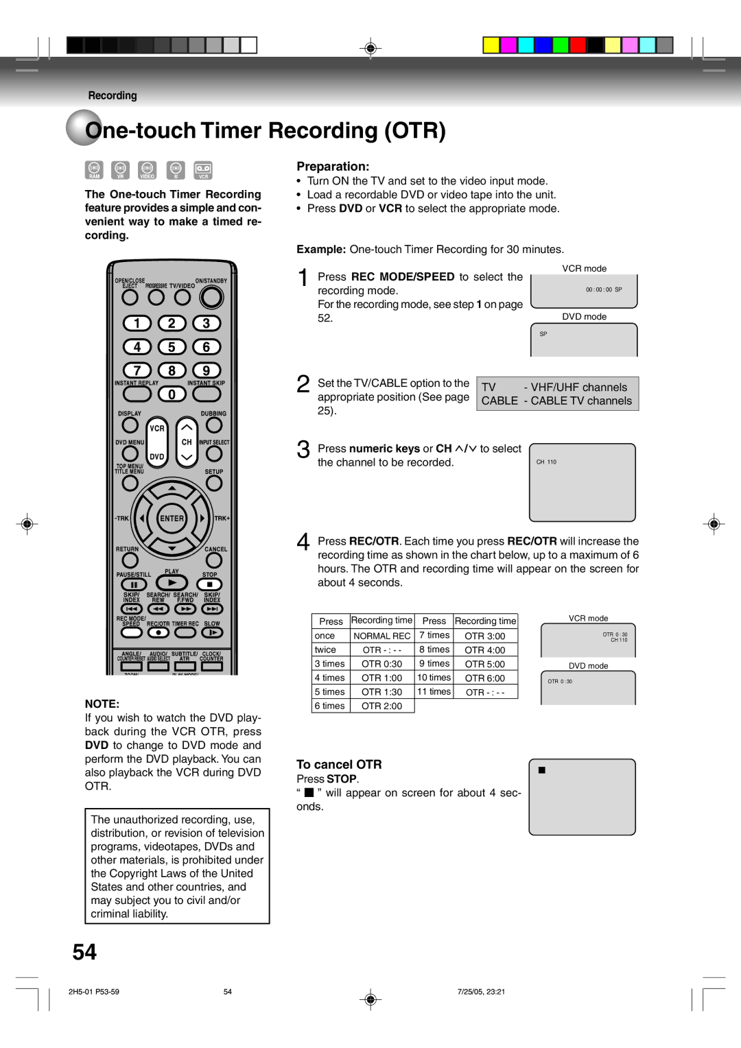 Toshiba D-VR4XSU owner manual One-touch Timer Recording OTR, To cancel OTR, Recording mode 