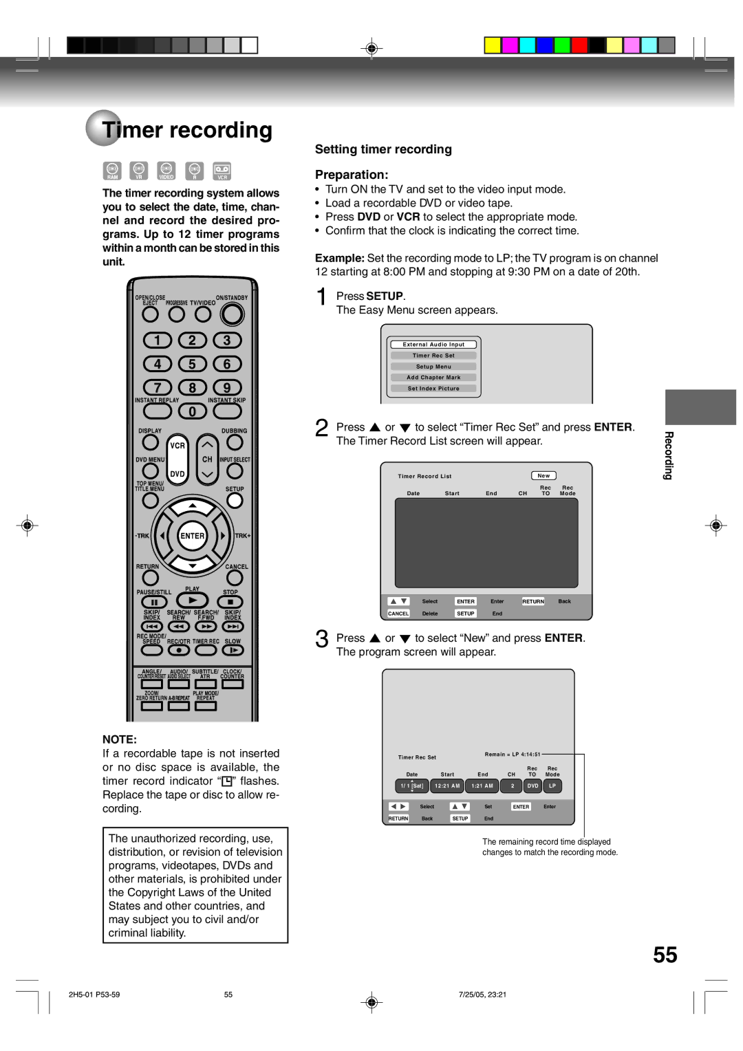 Toshiba D-VR4XSU owner manual Timer recording, Setting timer recording Preparation, Press Setup Easy Menu screen appears 