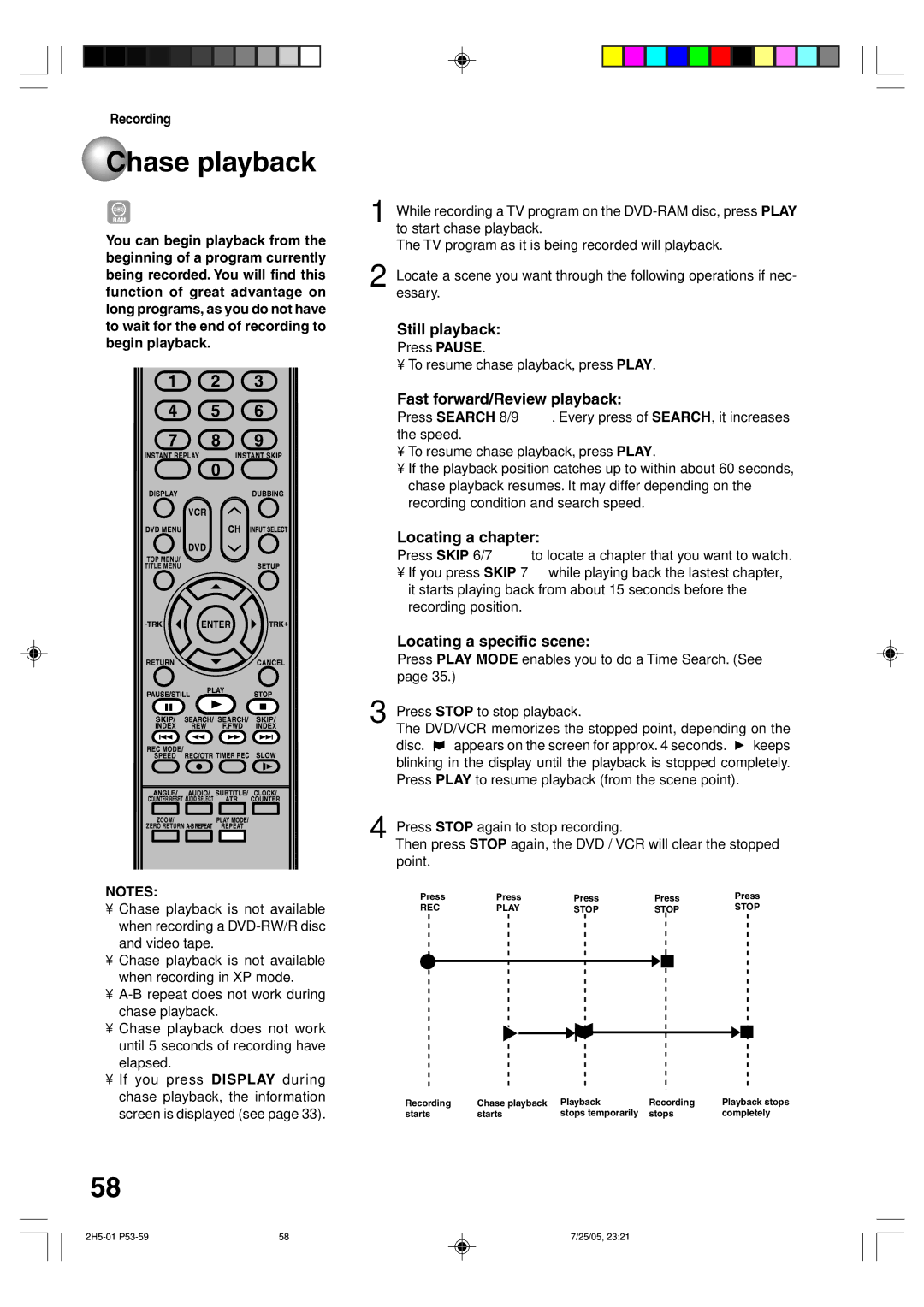 Toshiba D-VR4XSU owner manual Chase playback, Still playback, Fast forward/Review playback, Locating a chapter 