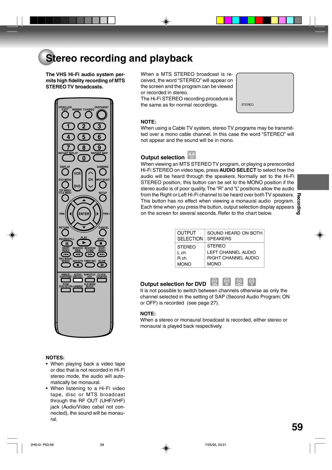 Toshiba D-VR4XSU owner manual Stereo recording and playback, Output selection for DVD 