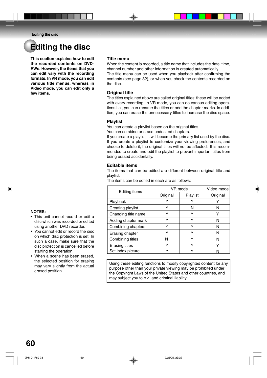 Toshiba D-VR4XSU owner manual Editing the disc, Original title, Playlist, Editable items 