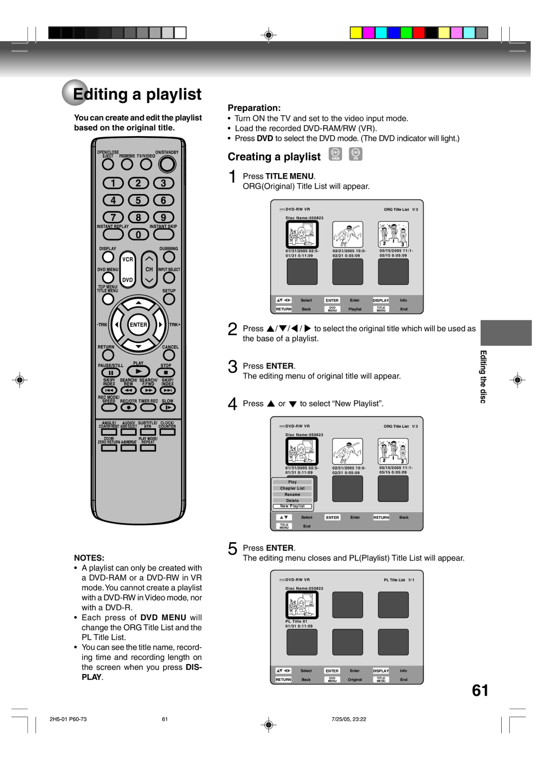 Toshiba D-VR4XSU Editing a playlist, Creating a playlist, ORGOriginal Title List will appear, Press To select New Playlist 