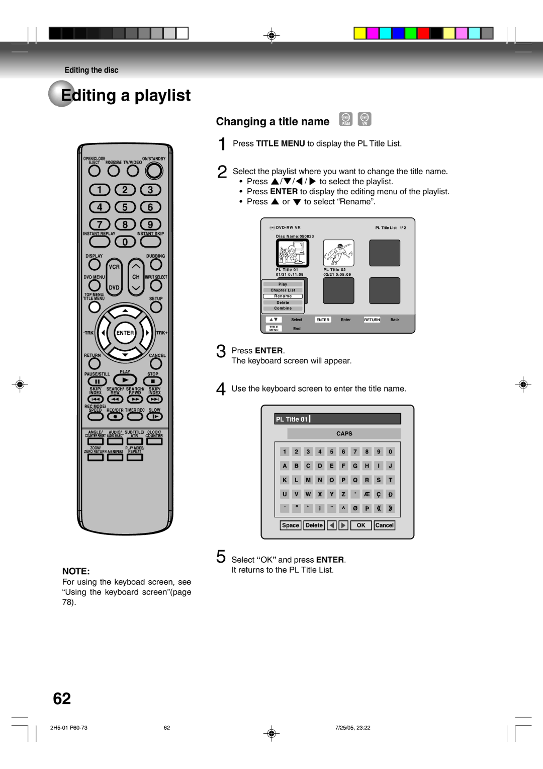 Toshiba D-VR4XSU owner manual Changing a title name, Select OK and press ENTER. It returns to the PL Title List 