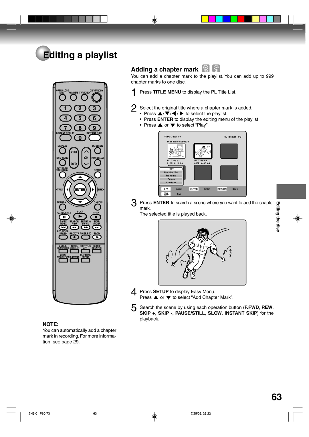 Toshiba D-VR4XSU owner manual Adding a chapter mark, Press To select the playlist, Press To select Play 