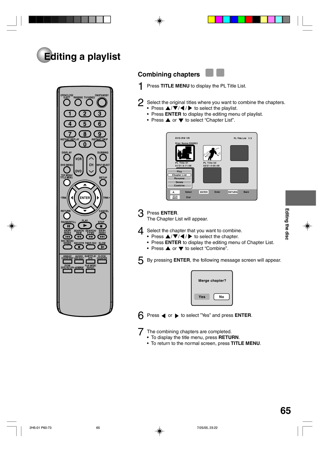 Toshiba D-VR4XSU owner manual Press To select Chapter List, Combining chapters are completed 