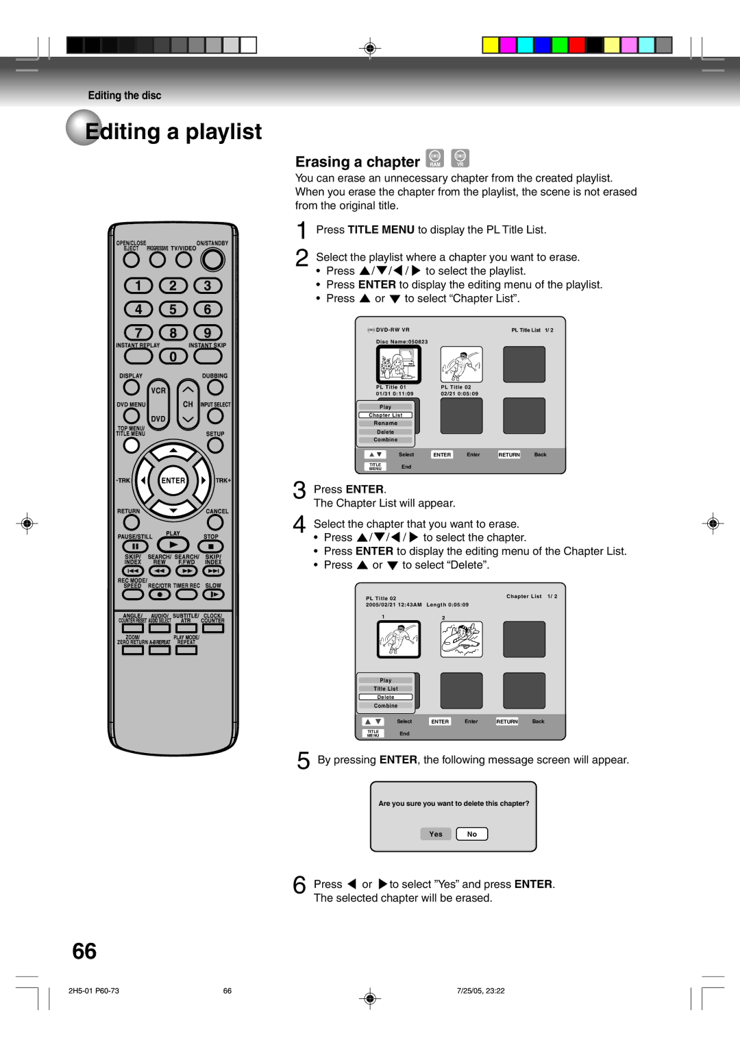 Toshiba D-VR4XSU owner manual Erasing a chapter, Press To select Chapter List 