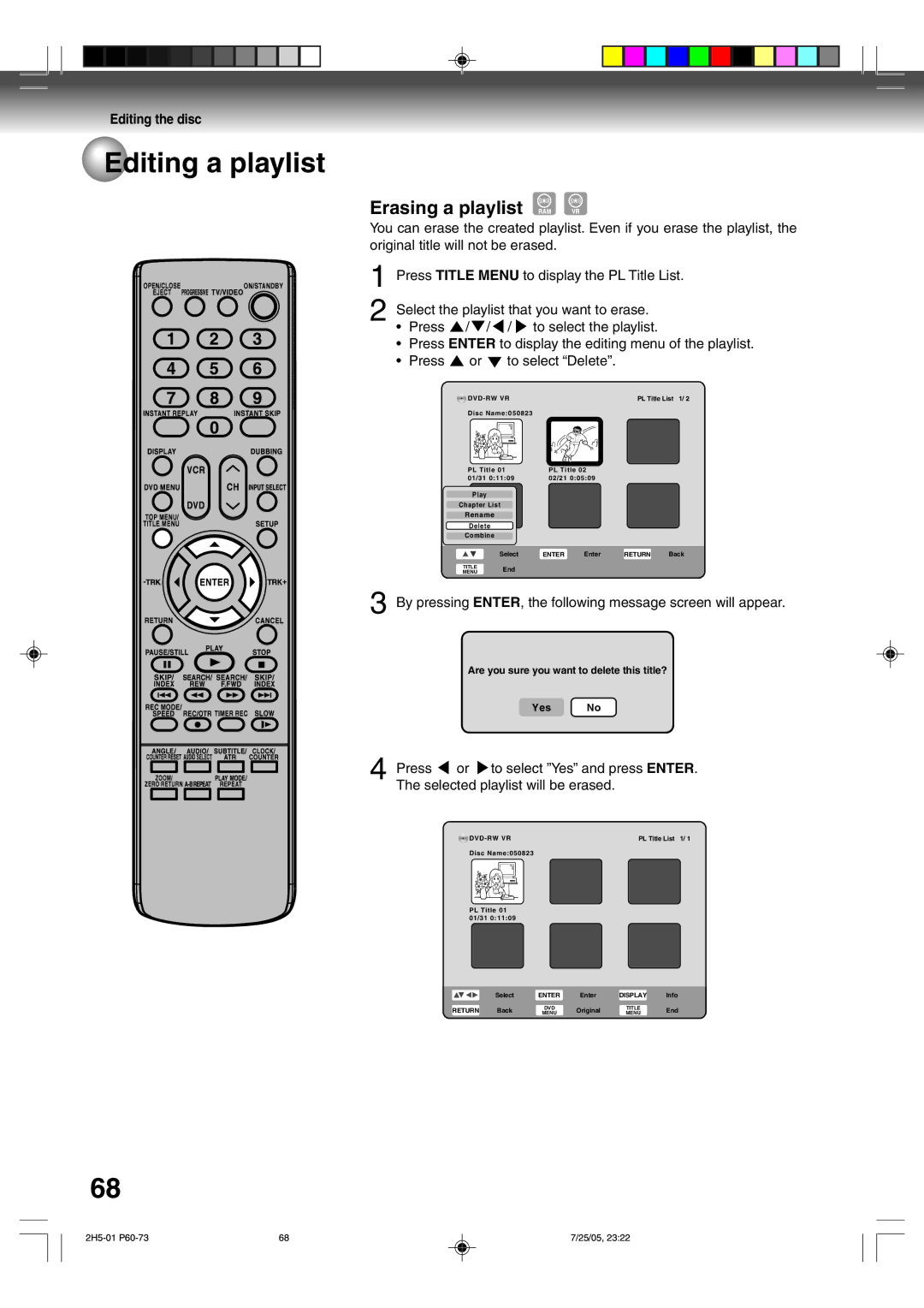 Toshiba D-VR4XSU owner manual Erasing a playlist, Press To select Delete 