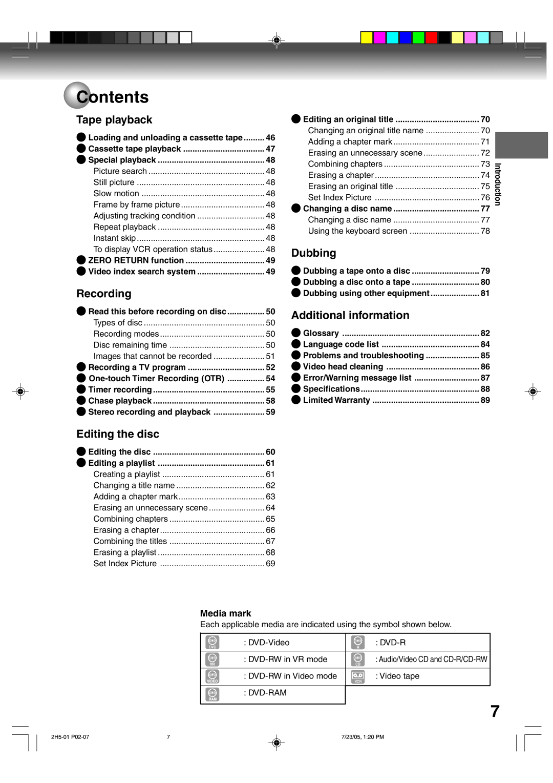 Toshiba D-VR4XSU owner manual Tape playback, Recording, Editing the disc, Dubbing, Additional information 