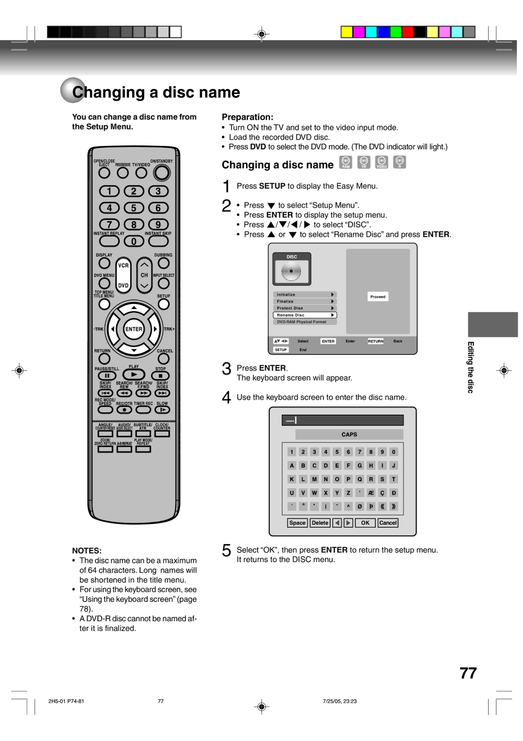 Toshiba D-VR4XSU owner manual Changing a disc name, You can change a disc name from the Setup Menu 